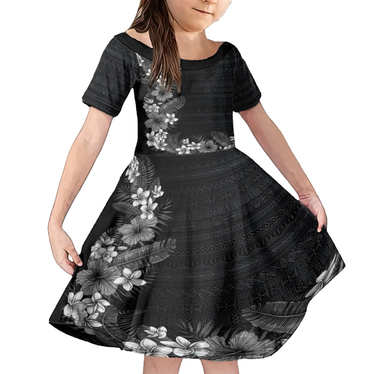 Hawaii Tropical Flowers and Leaves Family Matching Long Sleeve Bodycon Dress and Hawaiian Shirt Tapa Pattern Grayscale Mode LT03 Daughter's Dress Grayscale - Polynesian Pride