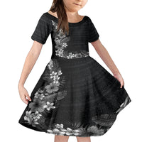 Hawaii Tropical Flowers and Leaves Family Matching Long Sleeve Bodycon Dress and Hawaiian Shirt Tapa Pattern Grayscale Mode LT03 Daughter's Dress Grayscale - Polynesian Pride