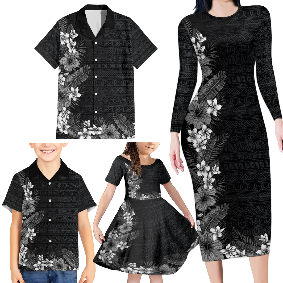 Hawaii Tropical Flowers and Leaves Family Matching Long Sleeve Bodycon Dress and Hawaiian Shirt Tapa Pattern Grayscale Mode LT03 - Polynesian Pride