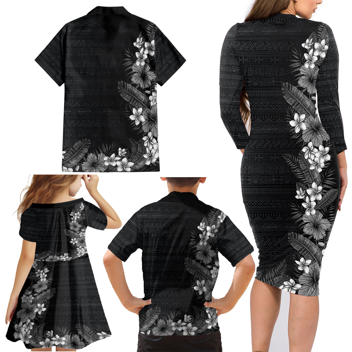 Hawaii Tropical Flowers and Leaves Family Matching Long Sleeve Bodycon Dress and Hawaiian Shirt Tapa Pattern Grayscale Mode LT03 - Polynesian Pride