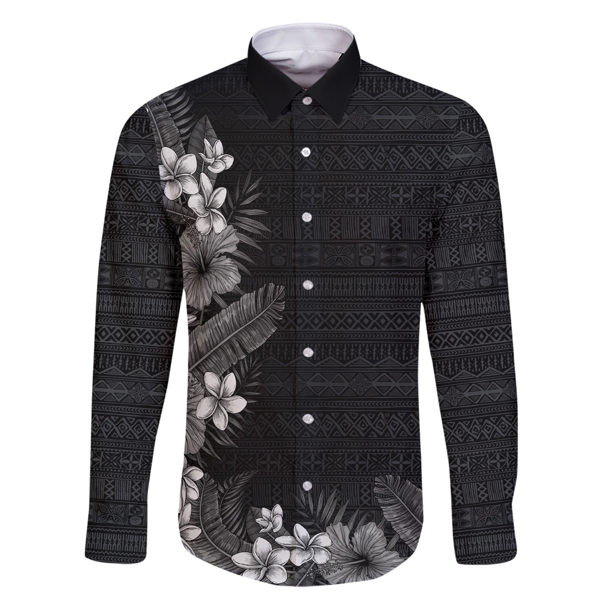 Hawaii Tropical Flowers and Leaves Family Matching Long Sleeve Bodycon Dress and Hawaiian Shirt Tapa Pattern Grayscale Mode LT03 Dad's Shirt - Long Sleeve Grayscale - Polynesian Pride