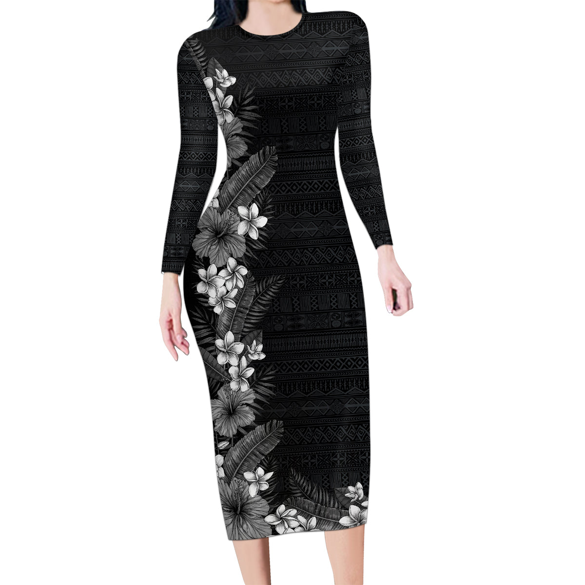 Hawaii Tropical Flowers and Leaves Family Matching Long Sleeve Bodycon Dress and Hawaiian Shirt Tapa Pattern Grayscale Mode LT03 Mom's Dress Grayscale - Polynesian Pride