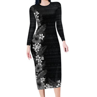 Hawaii Tropical Flowers and Leaves Family Matching Long Sleeve Bodycon Dress and Hawaiian Shirt Tapa Pattern Grayscale Mode LT03 Mom's Dress Grayscale - Polynesian Pride