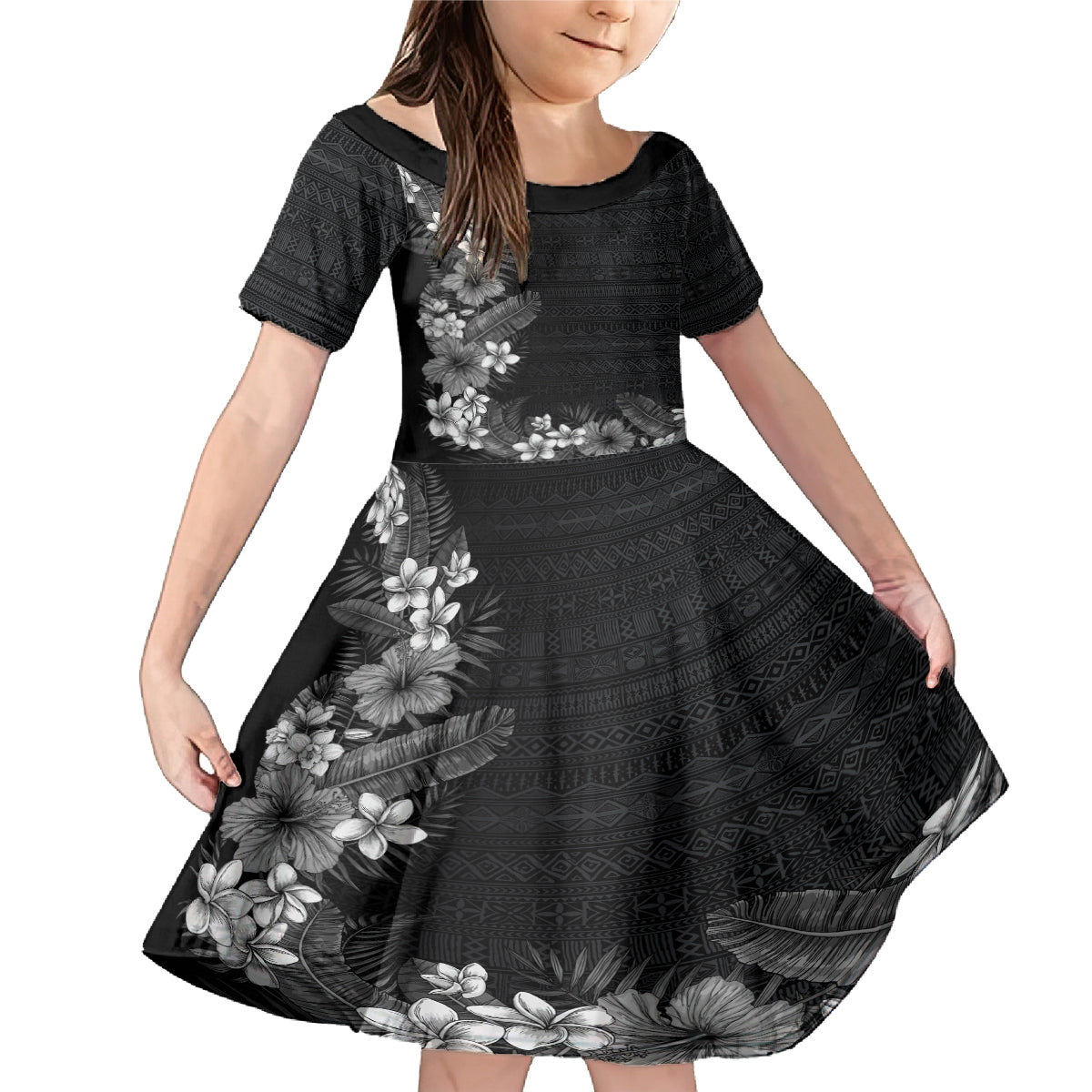 Hawaii Tropical Flowers and Leaves Family Matching Mermaid Dress and Hawaiian Shirt Tapa Pattern Grayscale Mode