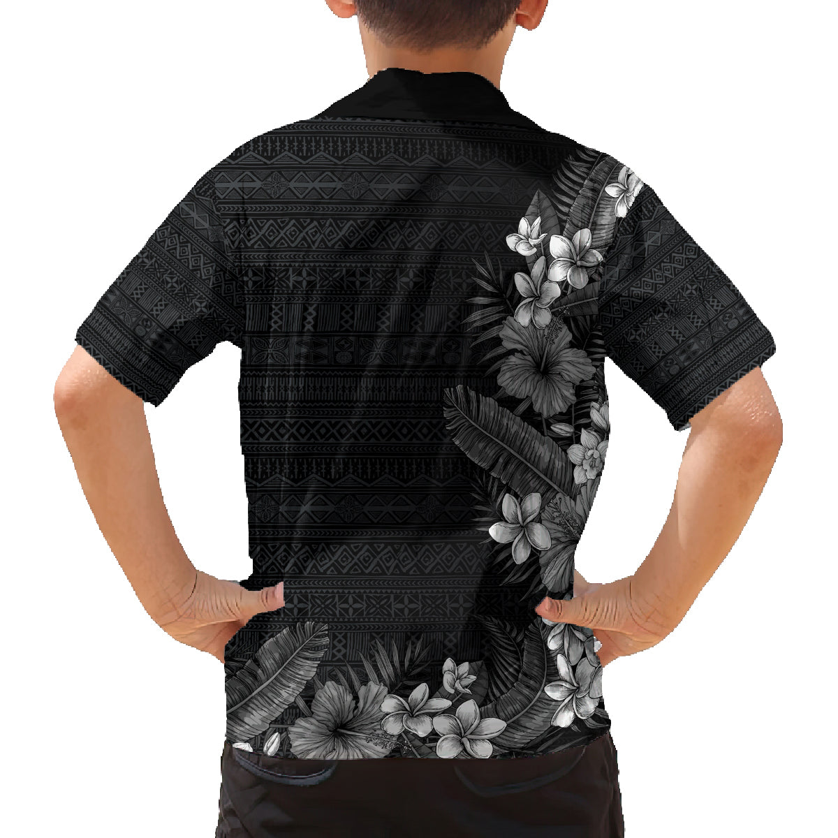 Hawaii Tropical Flowers and Leaves Family Matching Off The Shoulder Long Sleeve Dress and Hawaiian Shirt Tapa Pattern Grayscale Mode LT03 - Polynesian Pride