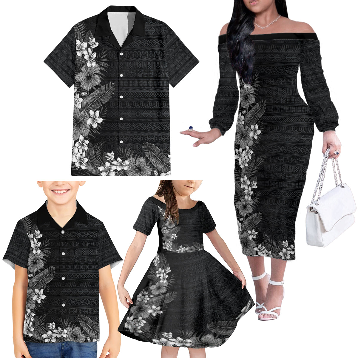 Hawaii Tropical Flowers and Leaves Family Matching Off The Shoulder Long Sleeve Dress and Hawaiian Shirt Tapa Pattern Grayscale Mode LT03 - Polynesian Pride