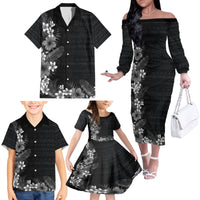 Hawaii Tropical Flowers and Leaves Family Matching Off The Shoulder Long Sleeve Dress and Hawaiian Shirt Tapa Pattern Grayscale Mode LT03 - Polynesian Pride