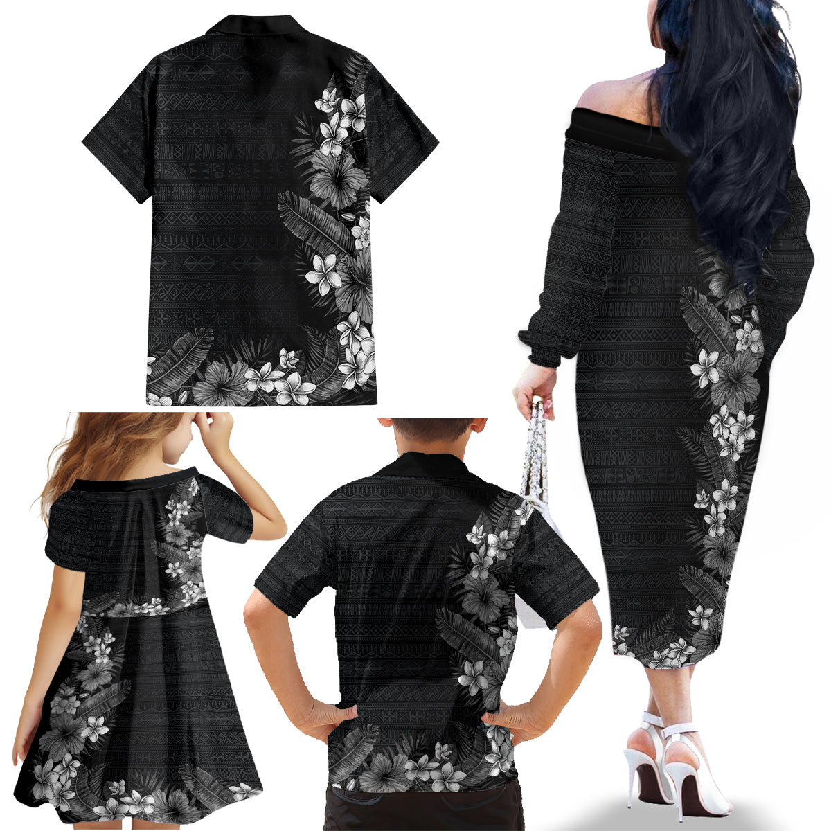 Hawaii Tropical Flowers and Leaves Family Matching Off The Shoulder Long Sleeve Dress and Hawaiian Shirt Tapa Pattern Grayscale Mode LT03 - Polynesian Pride