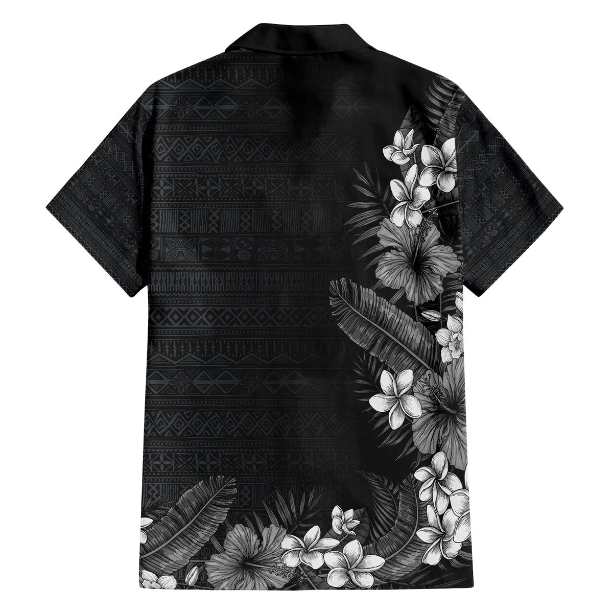 Hawaii Tropical Flowers and Leaves Family Matching Off The Shoulder Long Sleeve Dress and Hawaiian Shirt Tapa Pattern Grayscale Mode LT03 - Polynesian Pride