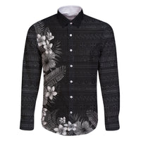 Hawaii Tropical Flowers and Leaves Family Matching Off The Shoulder Long Sleeve Dress and Hawaiian Shirt Tapa Pattern Grayscale Mode LT03 Dad's Shirt - Long Sleeve Grayscale - Polynesian Pride