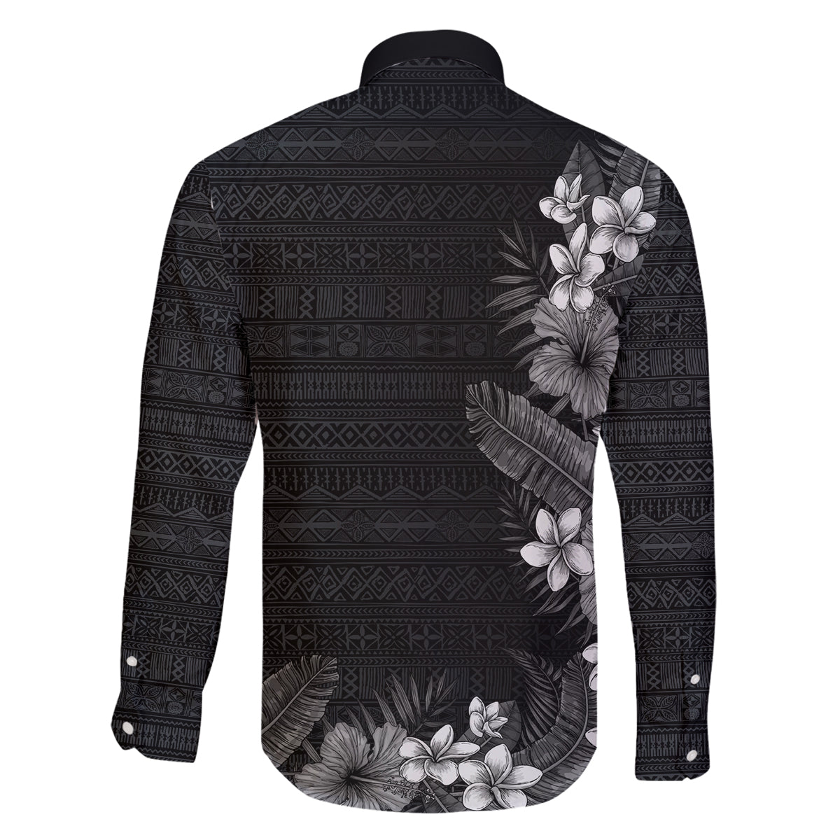 Hawaii Tropical Flowers and Leaves Family Matching Off The Shoulder Long Sleeve Dress and Hawaiian Shirt Tapa Pattern Grayscale Mode LT03 - Polynesian Pride
