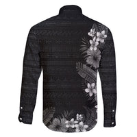 Hawaii Tropical Flowers and Leaves Family Matching Off The Shoulder Long Sleeve Dress and Hawaiian Shirt Tapa Pattern Grayscale Mode LT03 - Polynesian Pride
