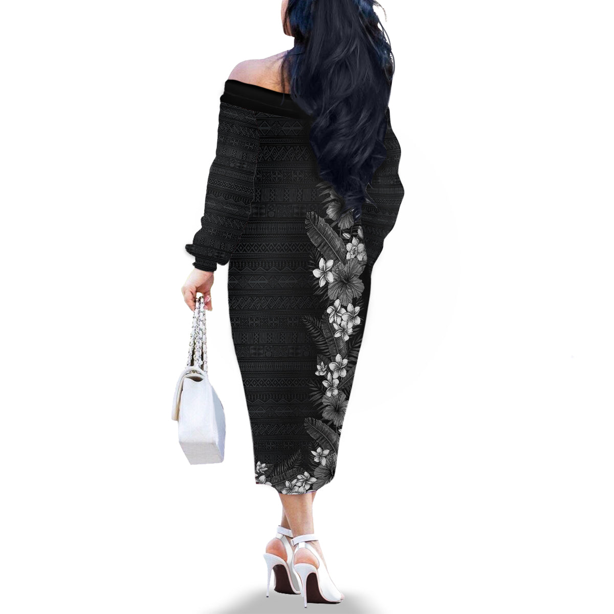 Hawaii Tropical Flowers and Leaves Family Matching Off The Shoulder Long Sleeve Dress and Hawaiian Shirt Tapa Pattern Grayscale Mode LT03 - Polynesian Pride