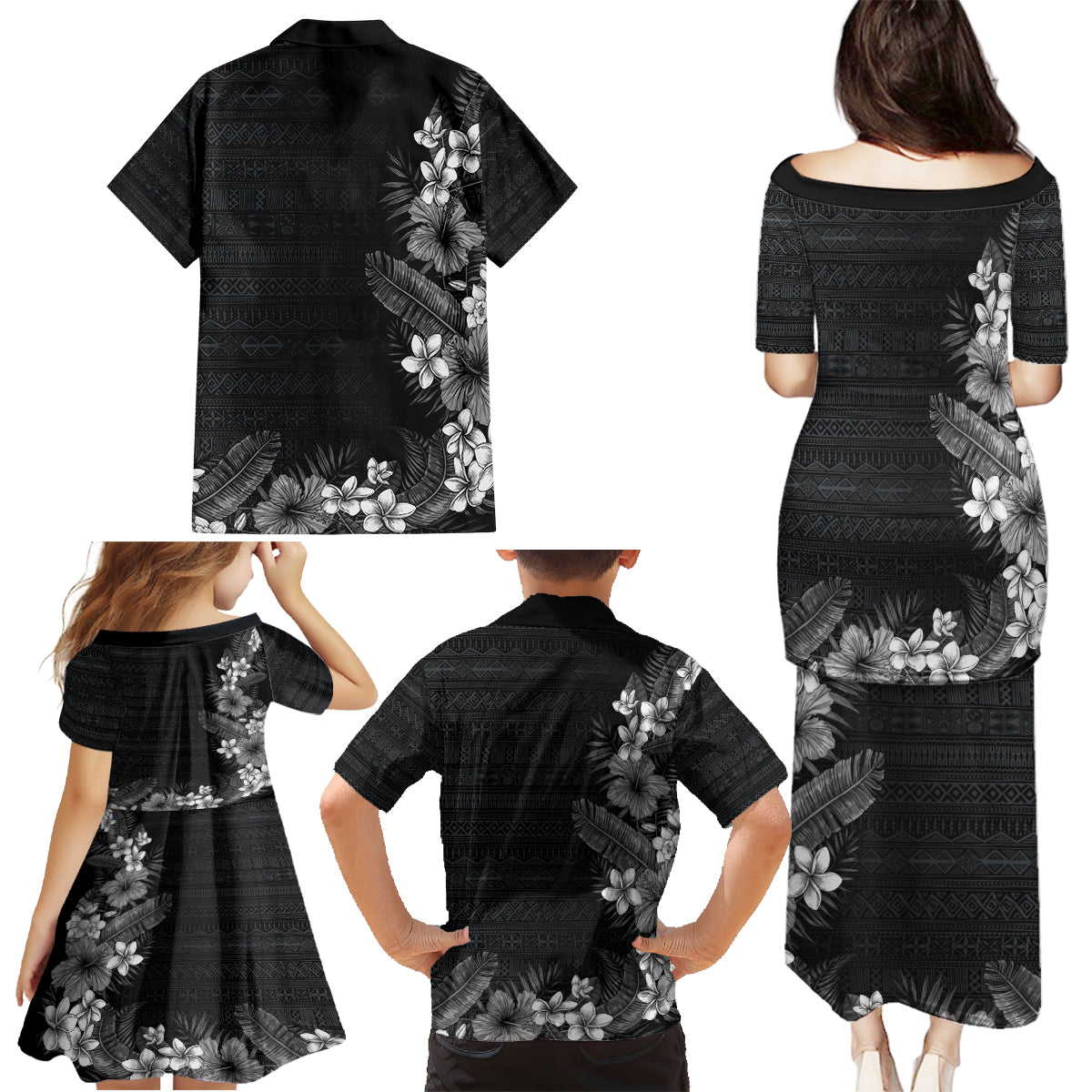 Hawaii Tropical Flowers and Leaves Family Matching Puletasi and Hawaiian Shirt Tapa Pattern Grayscale Mode