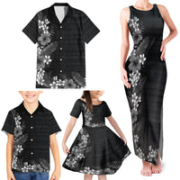 Hawaii Tropical Flowers and Leaves Family Matching Tank Maxi Dress and Hawaiian Shirt Tapa Pattern Grayscale Mode