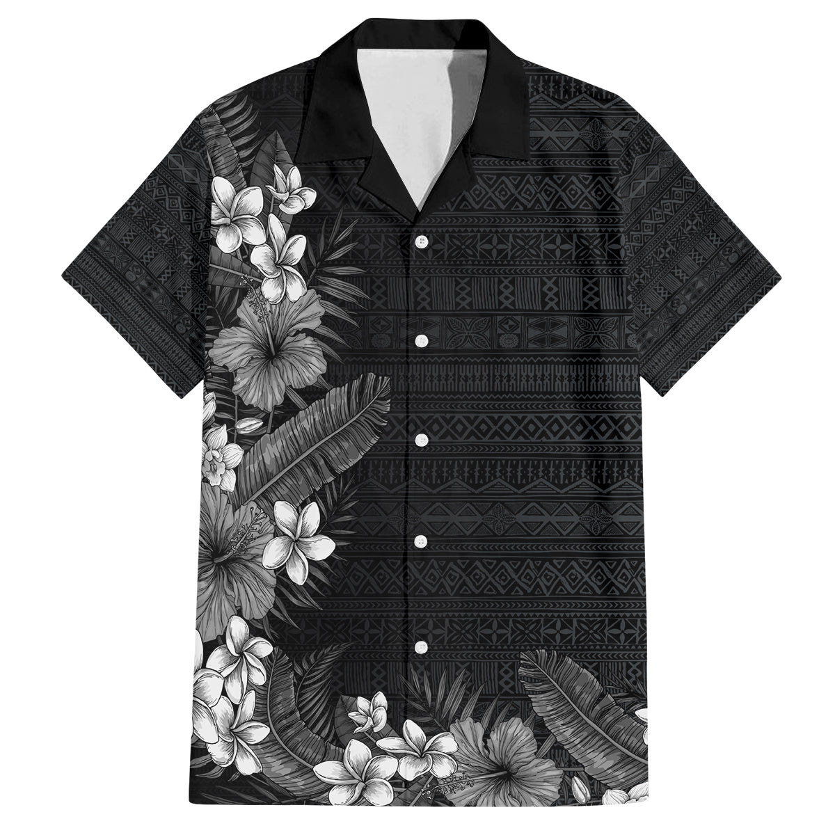Hawaii Tropical Flowers and Leaves Family Matching Tank Maxi Dress and Hawaiian Shirt Tapa Pattern Grayscale Mode