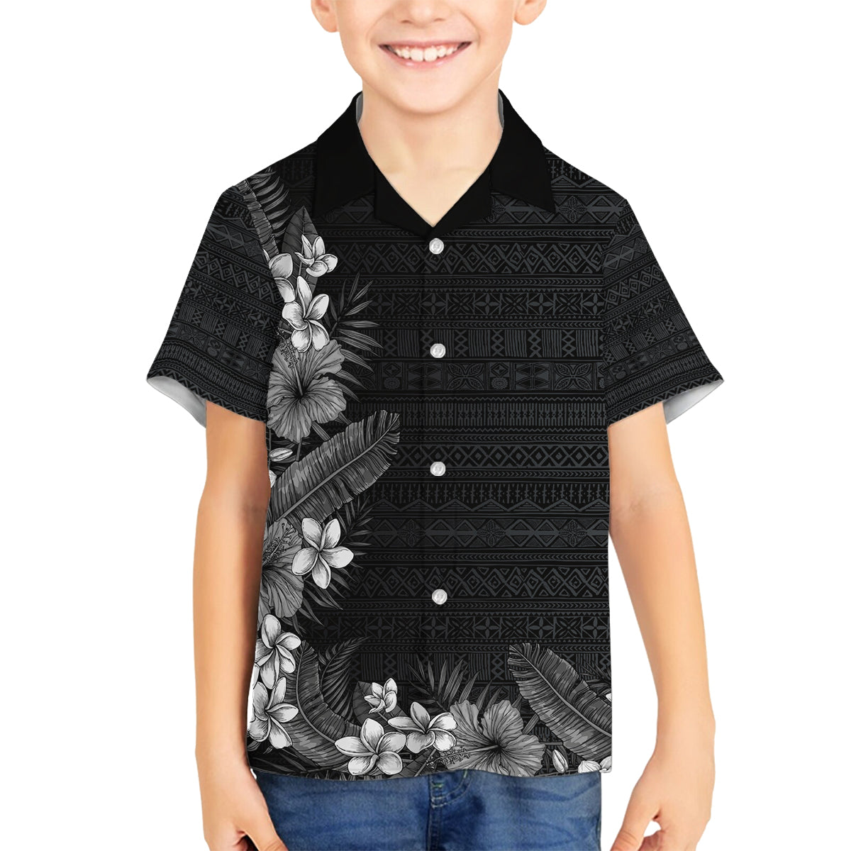 Hawaii Tropical Flowers and Leaves Family Matching Tank Maxi Dress and Hawaiian Shirt Tapa Pattern Grayscale Mode