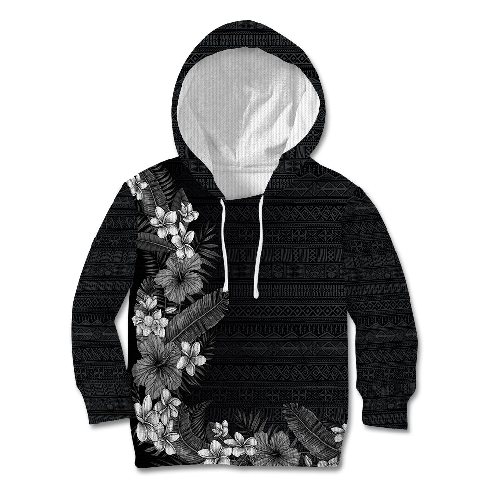 Hawaii Tropical Flowers and Leaves Kid Hoodie Tapa Pattern Grayscale Mode