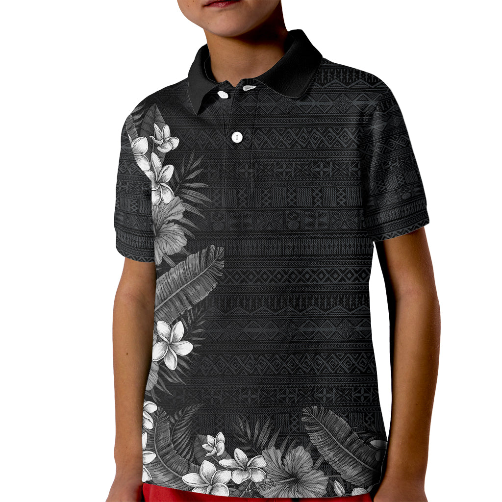 Hawaii Tropical Flowers and Leaves Kid Polo Shirt Tapa Pattern Grayscale Mode