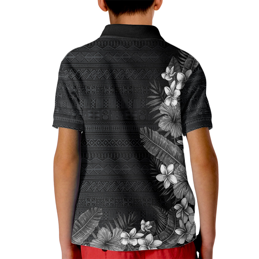 Hawaii Tropical Flowers and Leaves Kid Polo Shirt Tapa Pattern Grayscale Mode
