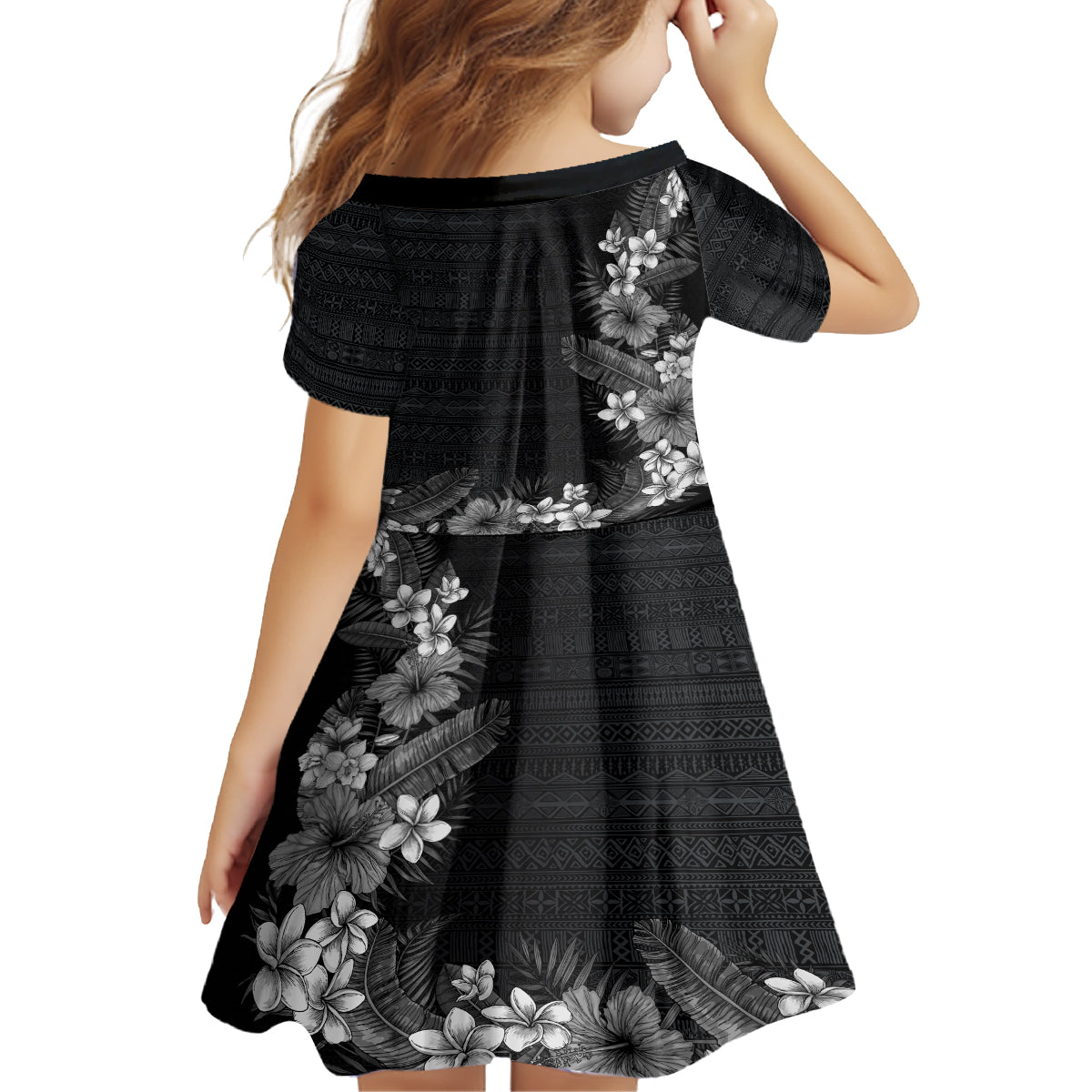 Hawaii Tropical Flowers and Leaves Kid Short Sleeve Dress Tapa Pattern Grayscale Mode