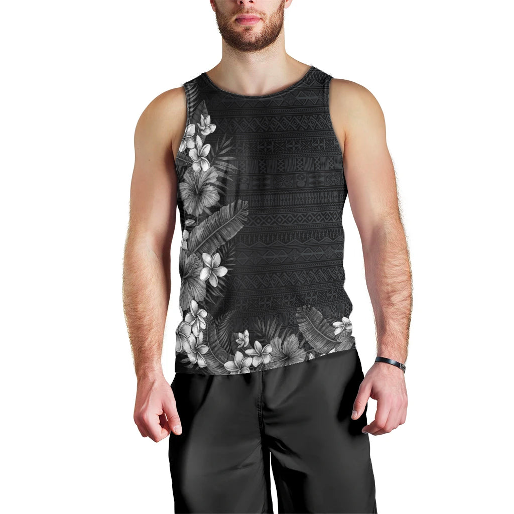 Hawaii Tropical Flowers and Leaves Men Tank Top Tapa Pattern Grayscale Mode