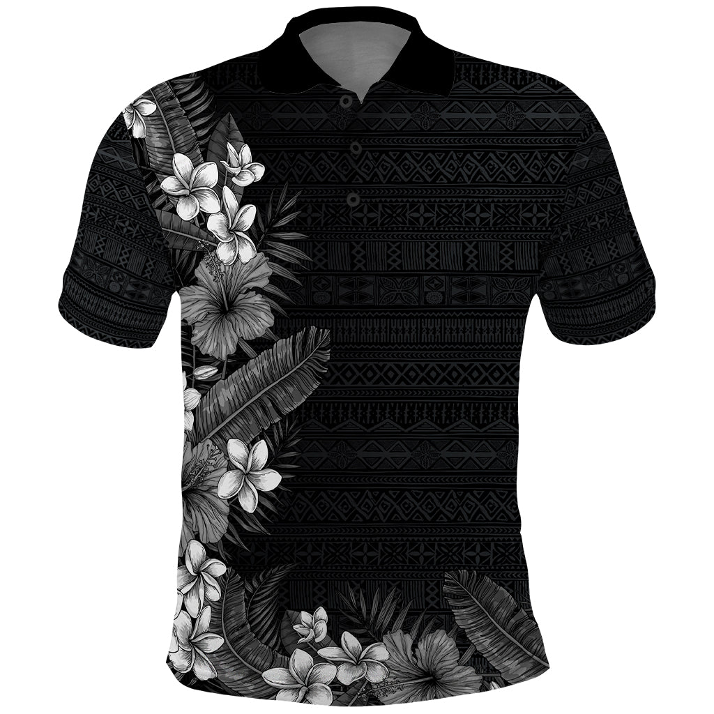 Hawaii Tropical Flowers and Leaves Polo Shirt Tapa Pattern Grayscale Mode