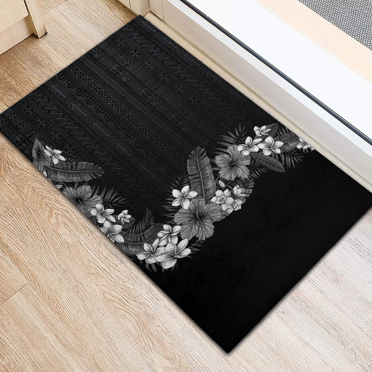 Hawaii Tropical Flowers and Leaves Rubber Doormat Tapa Pattern Grayscale Mode
