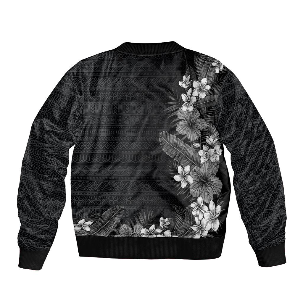 Hawaii Tropical Flowers and Leaves Sleeve Zip Bomber Jacket Tapa Pattern Grayscale Mode