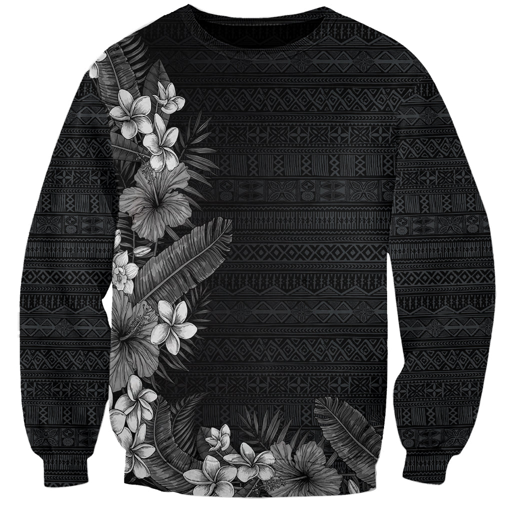 Hawaii Tropical Flowers and Leaves Sweatshirt Tapa Pattern Grayscale Mode