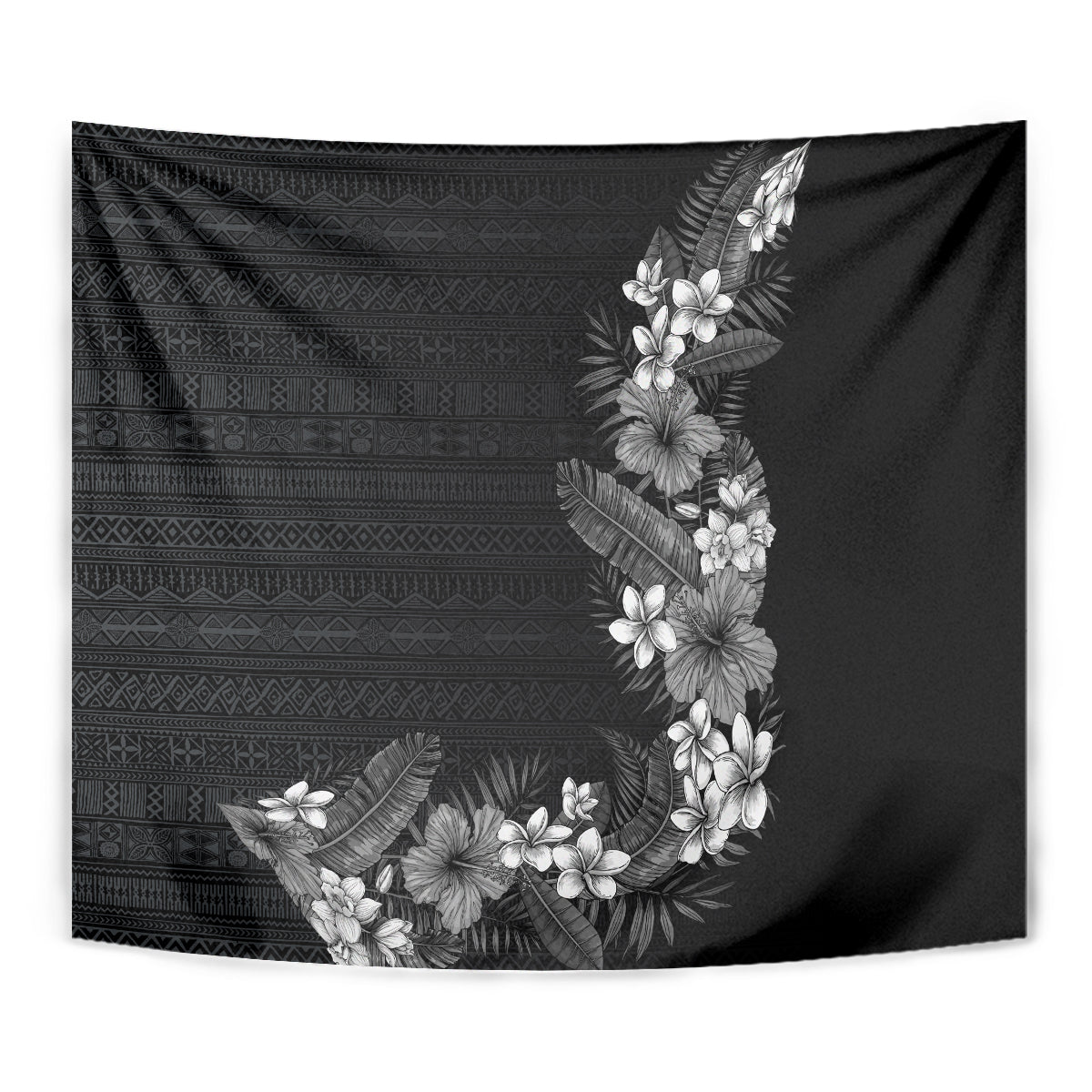 Hawaii Tropical Flowers and Leaves Tapestry Tapa Pattern Grayscale Mode