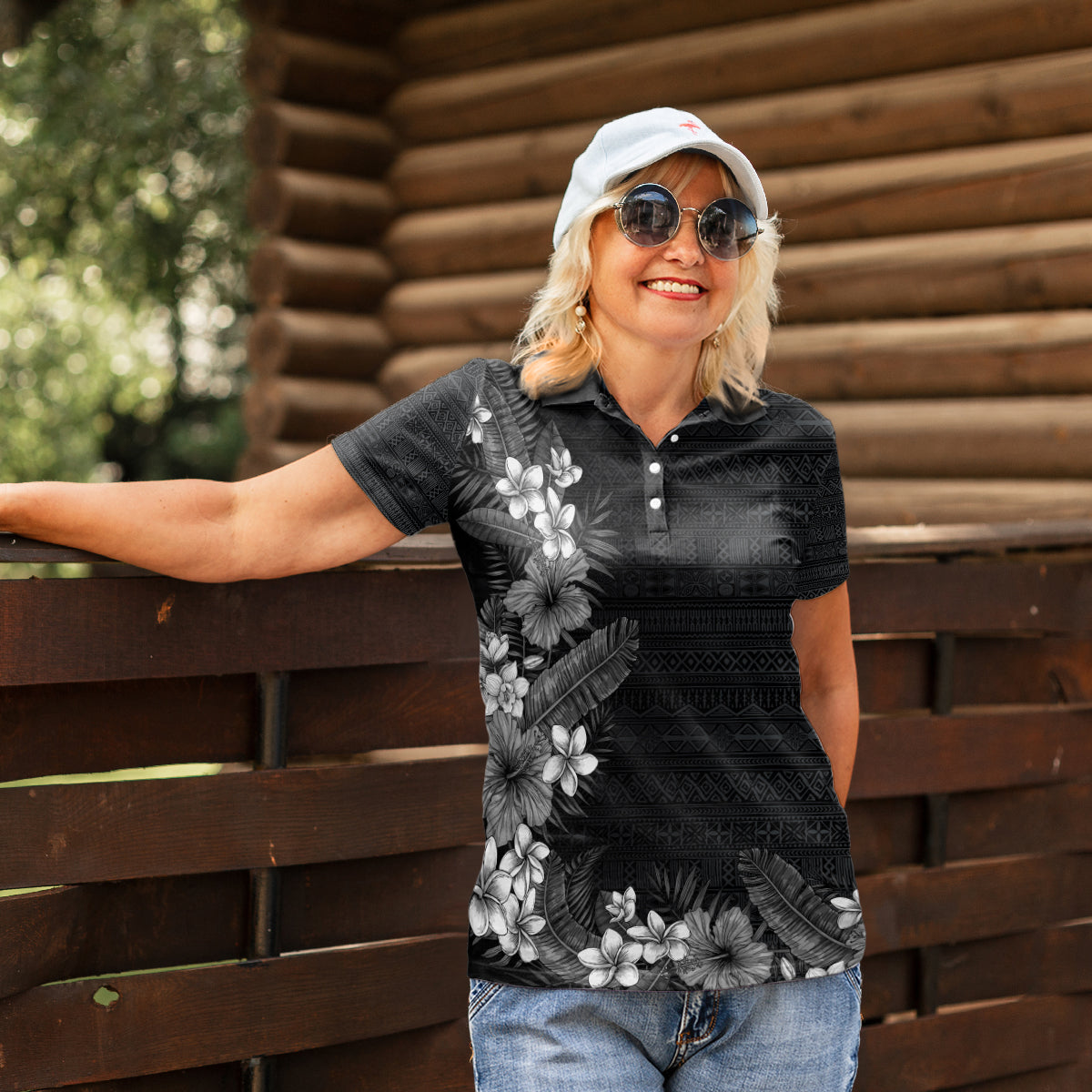 Hawaii Tropical Flowers and Leaves Women Polo Shirt Tapa Pattern Grayscale Mode
