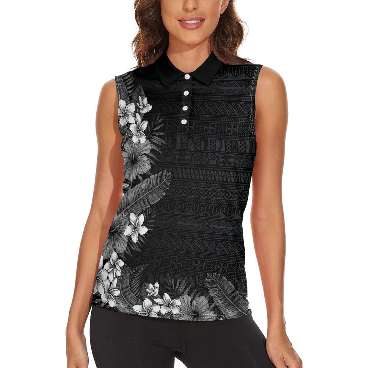 Hawaii Tropical Flowers and Leaves Women Sleeveless Polo Shirt Tapa Pattern Grayscale Mode