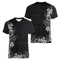 Hawaii Tropical Flowers and Leaves Women V-Neck T-Shirt Tapa Pattern Grayscale Mode
