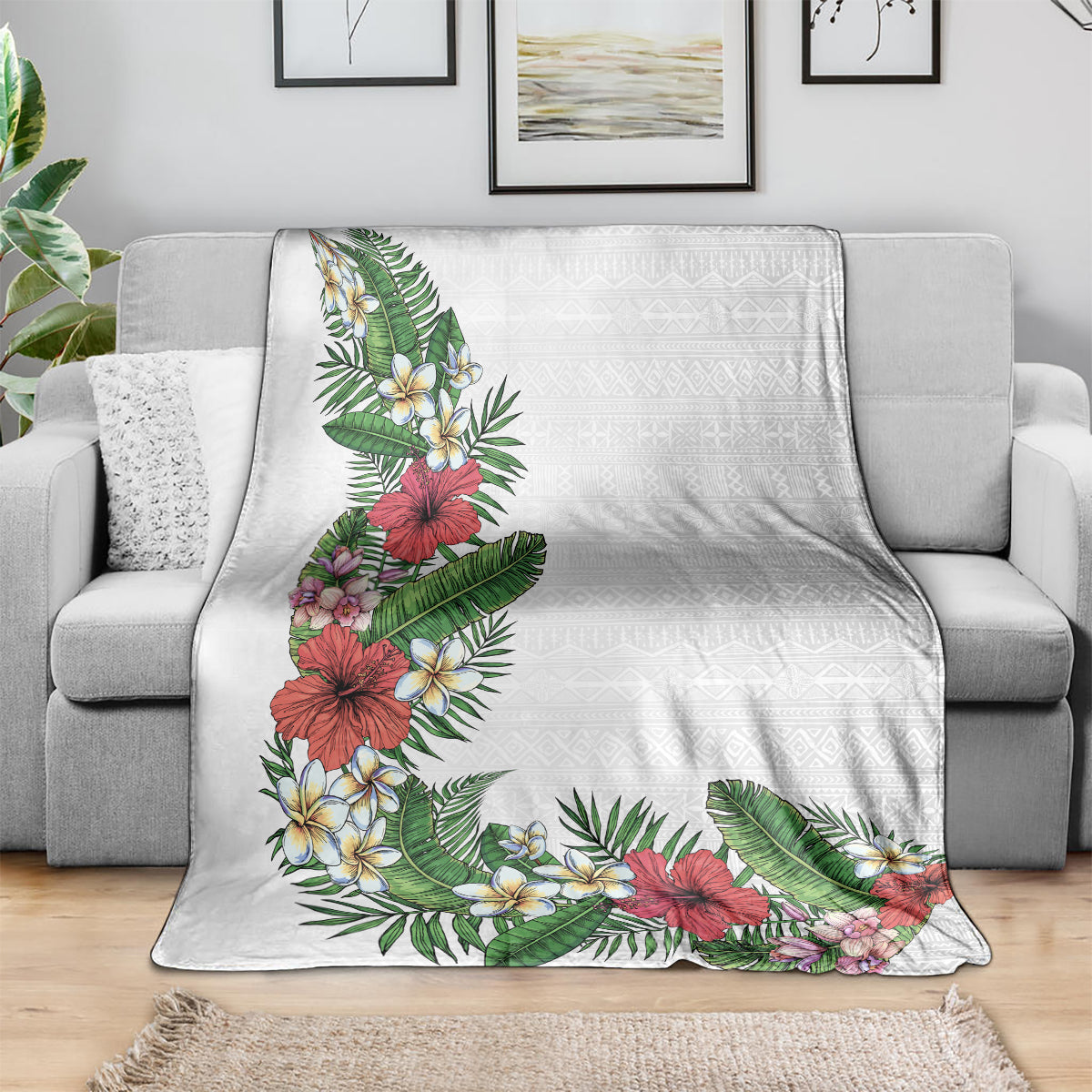 Hawaii Tropical Flowers and Leaves Blanket Tapa Pattern White Mode