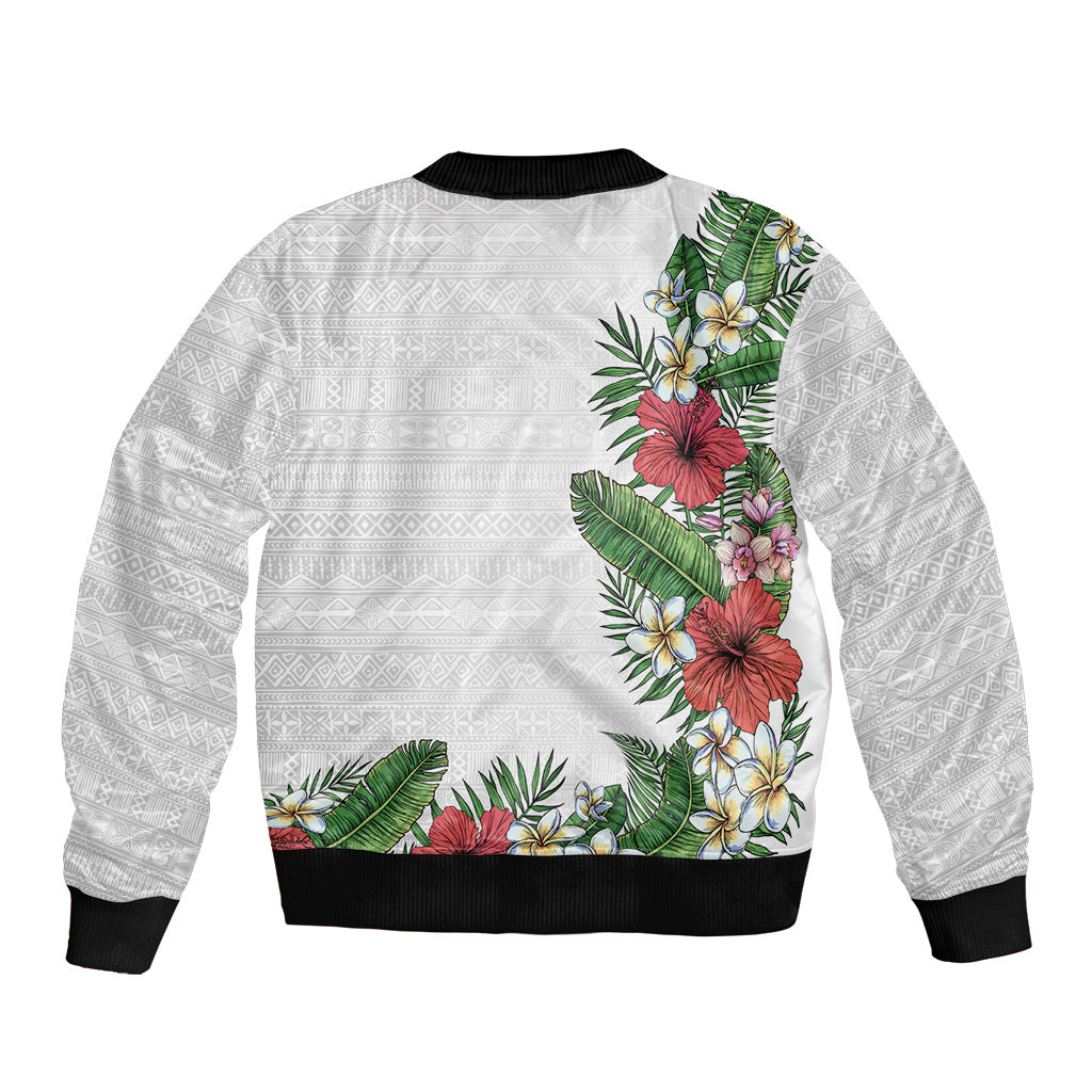 Hawaii Tropical Flowers and Leaves Bomber Jacket Tapa Pattern White Mode