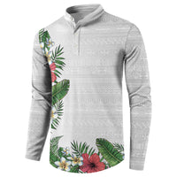 Hawaii Tropical Flowers and Leaves Button Sweatshirt Tapa Pattern White Mode
