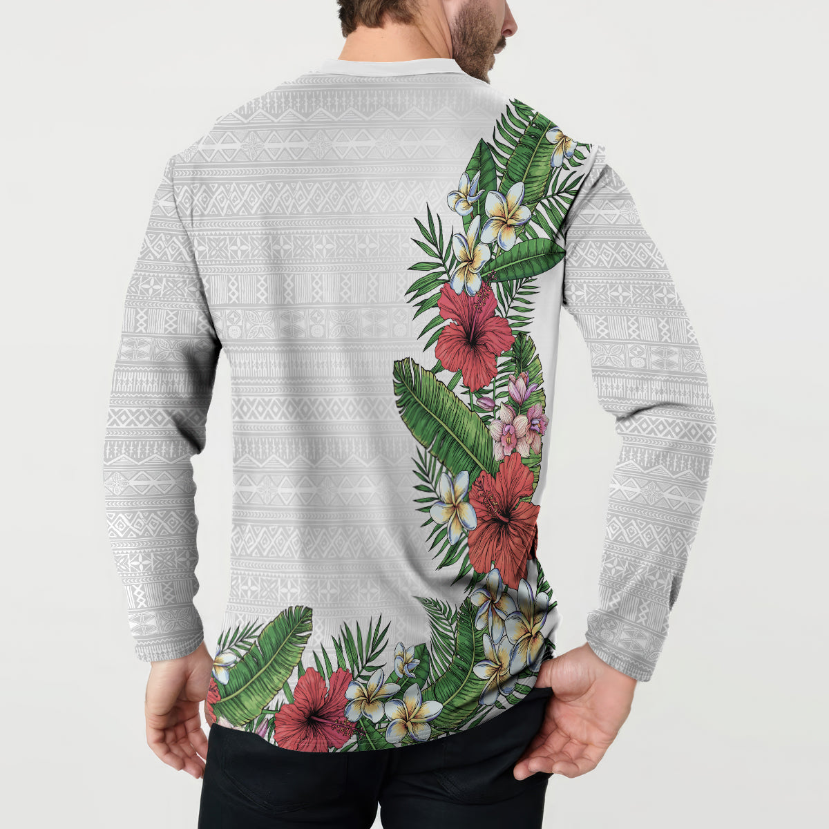 Hawaii Tropical Flowers and Leaves Button Sweatshirt Tapa Pattern White Mode