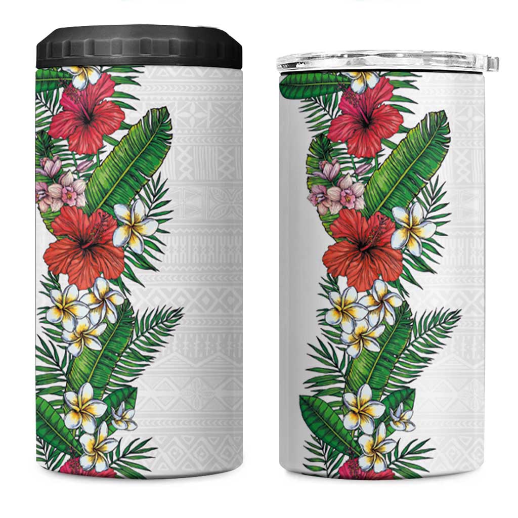 Hawaii Tropical Flowers and Leaves 4 in 1 Can Cooler Tumbler Tapa Pattern White Mode