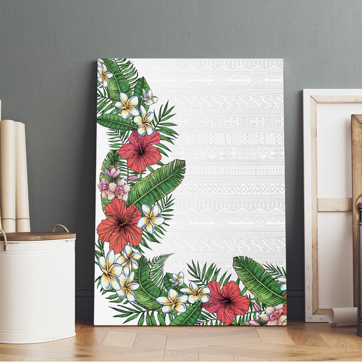Hawaii Tropical Flowers and Leaves Canvas Wall Art Tapa Pattern White Mode