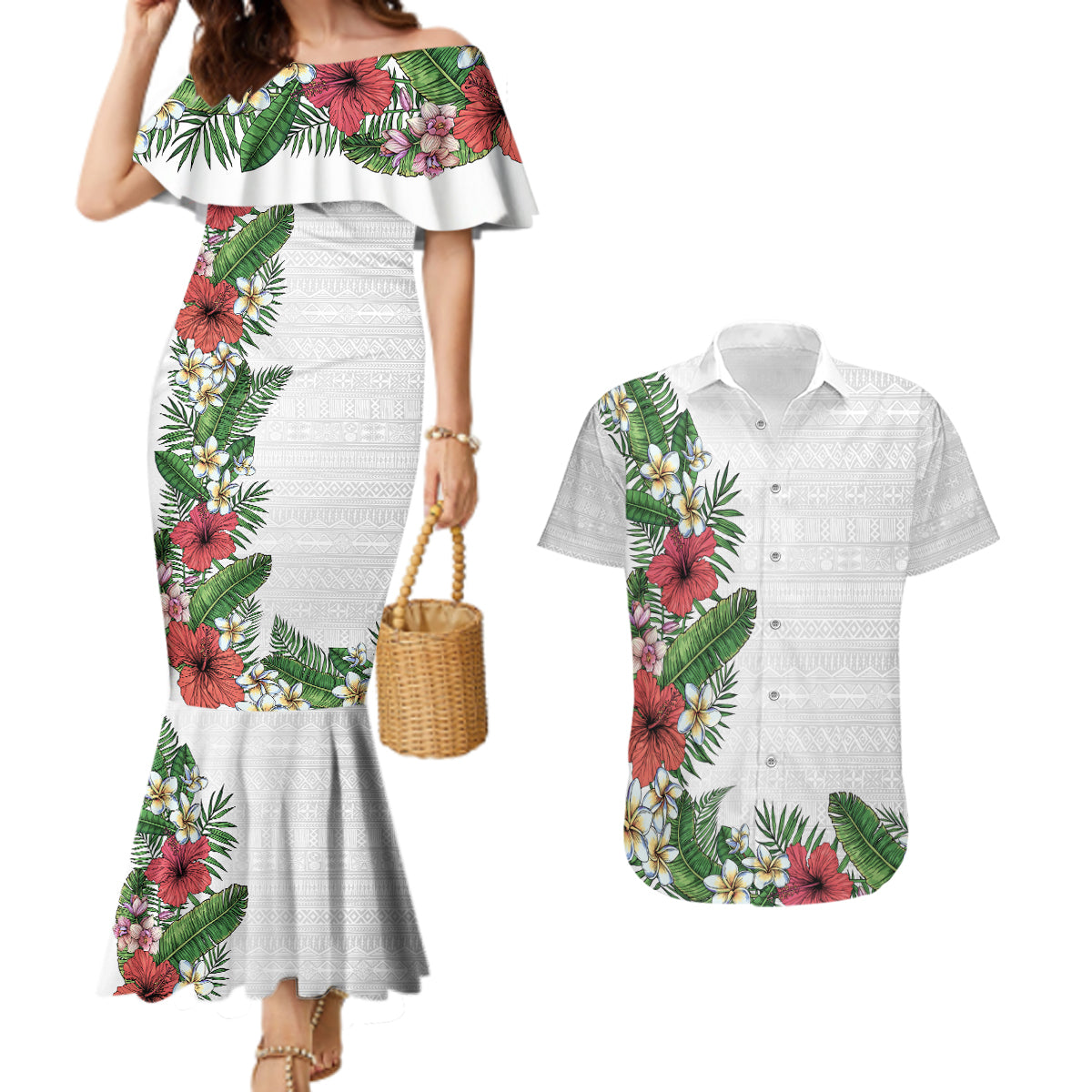 Hawaii Tropical Flowers and Leaves Couples Matching Mermaid Dress and Hawaiian Shirt Tapa Pattern White Mode