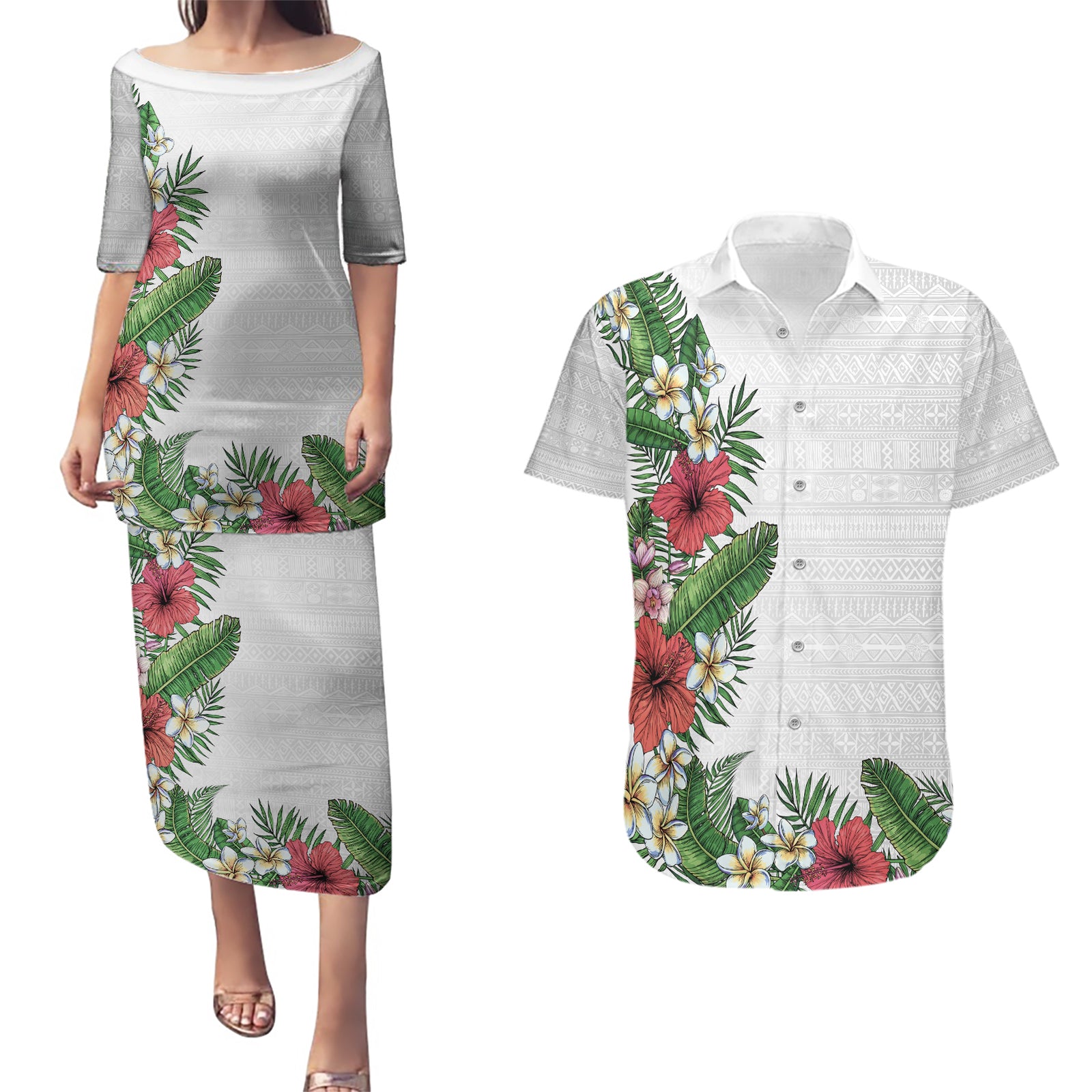 Hawaii Tropical Flowers and Leaves Couples Matching Puletasi and Hawaiian Shirt Tapa Pattern White Mode