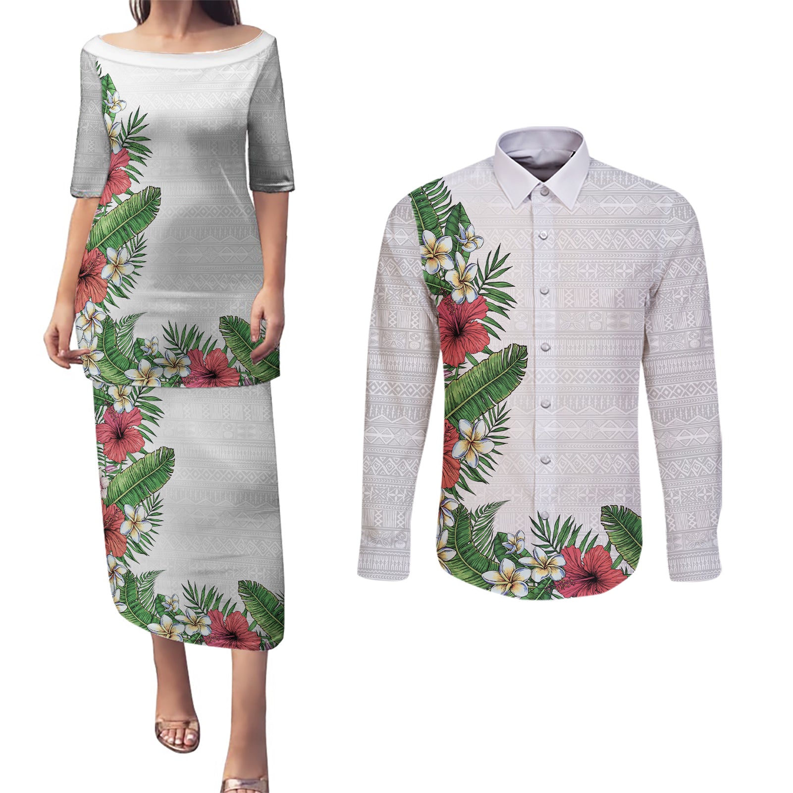 Hawaii Tropical Flowers and Leaves Couples Matching Puletasi and Long Sleeve Button Shirt Tapa Pattern White Mode