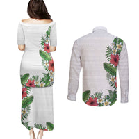 Hawaii Tropical Flowers and Leaves Couples Matching Puletasi and Long Sleeve Button Shirt Tapa Pattern White Mode