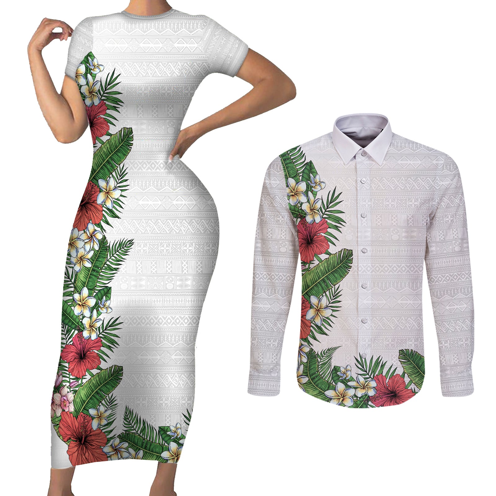 Hawaii Tropical Flowers and Leaves Couples Matching Short Sleeve Bodycon Dress and Long Sleeve Button Shirt Tapa Pattern White Mode