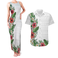 Hawaii Tropical Flowers and Leaves Couples Matching Tank Maxi Dress and Hawaiian Shirt Tapa Pattern White Mode