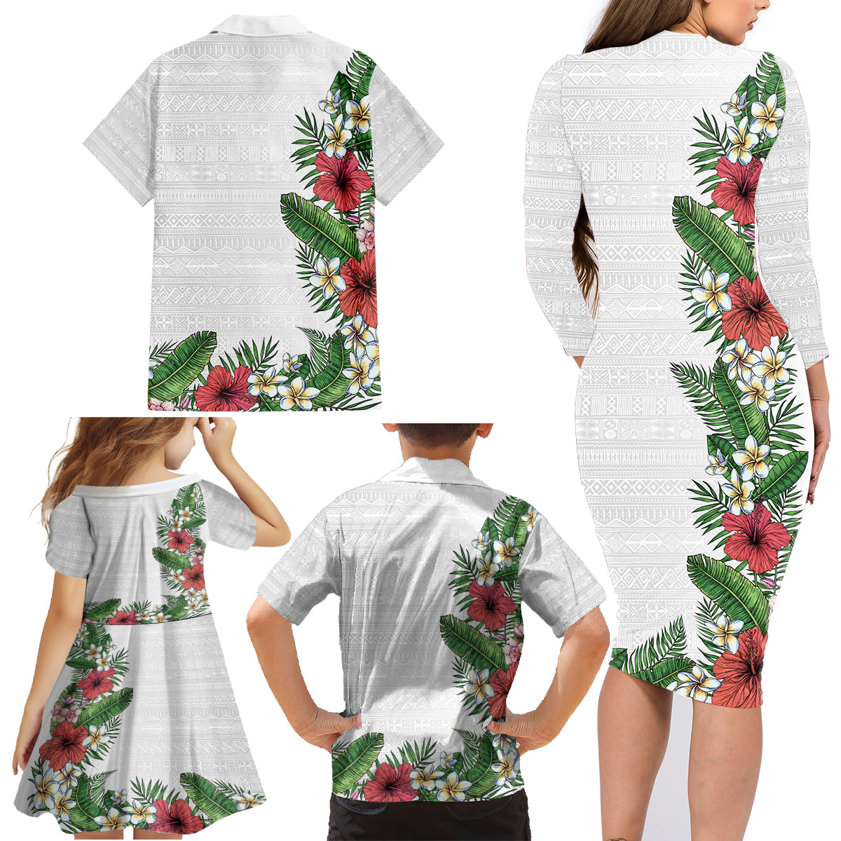 Hawaii Tropical Flowers and Leaves Family Matching Long Sleeve Bodycon Dress and Hawaiian Shirt Tapa Pattern White Mode LT03 - Polynesian Pride