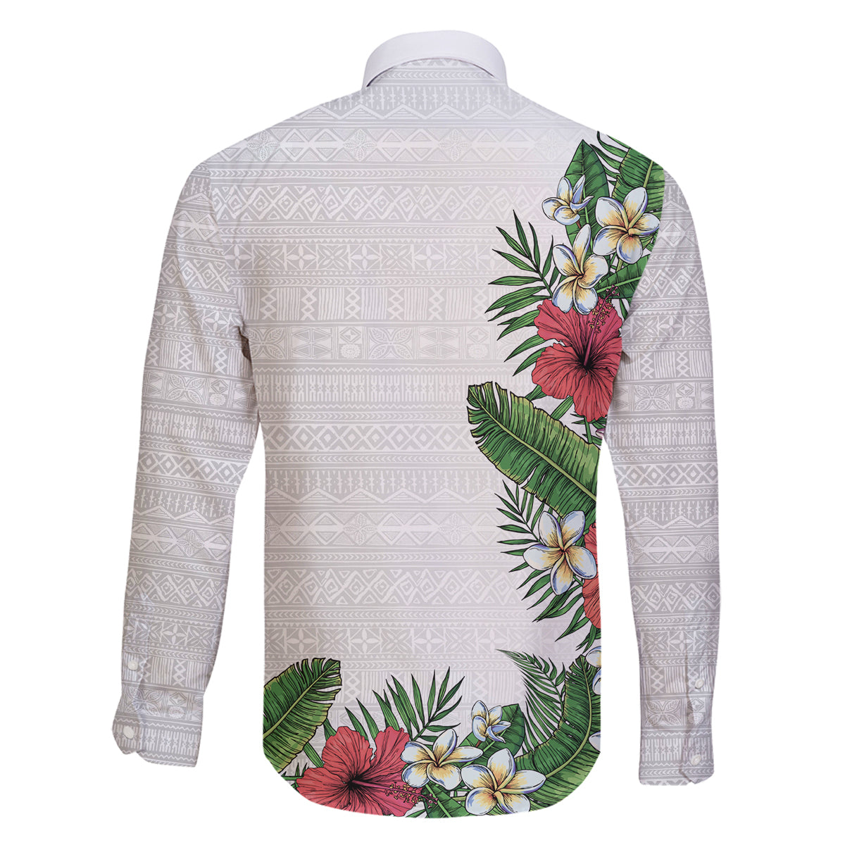 Hawaii Tropical Flowers and Leaves Family Matching Long Sleeve Bodycon Dress and Hawaiian Shirt Tapa Pattern White Mode LT03 - Polynesian Pride