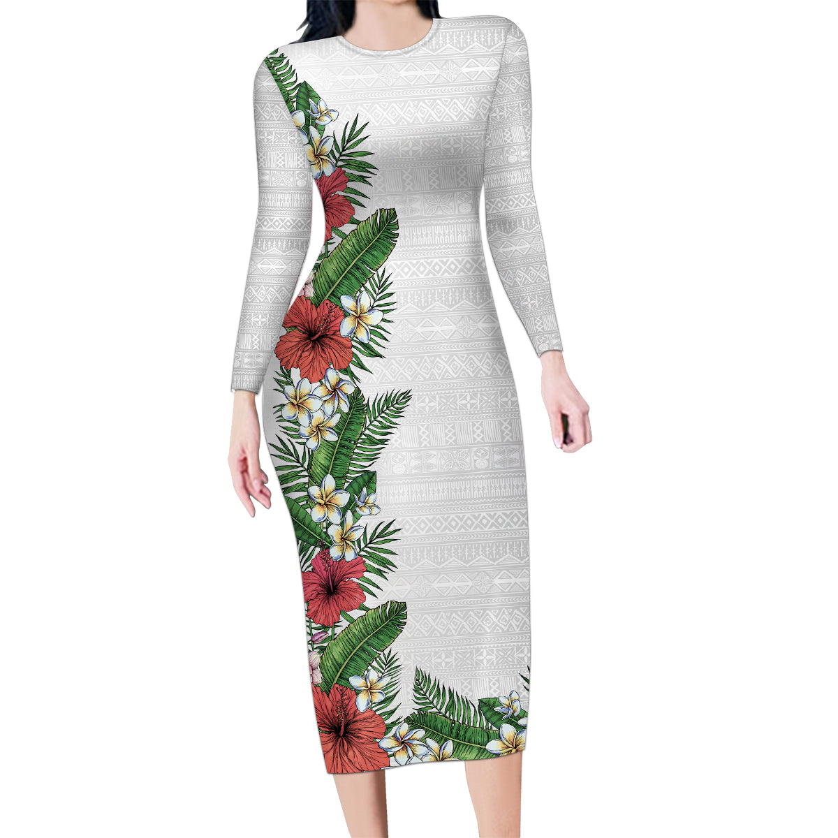 Hawaii Tropical Flowers and Leaves Family Matching Long Sleeve Bodycon Dress and Hawaiian Shirt Tapa Pattern White Mode LT03 Mom's Dress White - Polynesian Pride