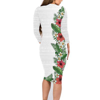 Hawaii Tropical Flowers and Leaves Family Matching Long Sleeve Bodycon Dress and Hawaiian Shirt Tapa Pattern White Mode LT03 - Polynesian Pride
